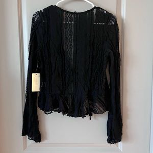 Black Ruched Ruffled Bell Sleeve Blouse